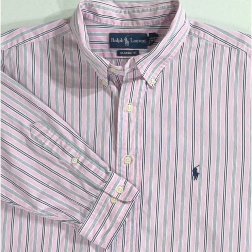Ralph Lauren Button Down Shirt 17.5 XL Pink Navy Striped Classic Fit Preppy READ